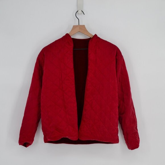 Vintage Bloomingdale's Velvet Quilted Open Front Reversible Jacket Burgundy S - Picture 4 of 4